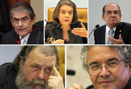 Ministros do STF Carlos Ayres Brito, Carmem Lúcia, Gilmar Mendes, Eros Grau e Marco Aurélio Mello 
